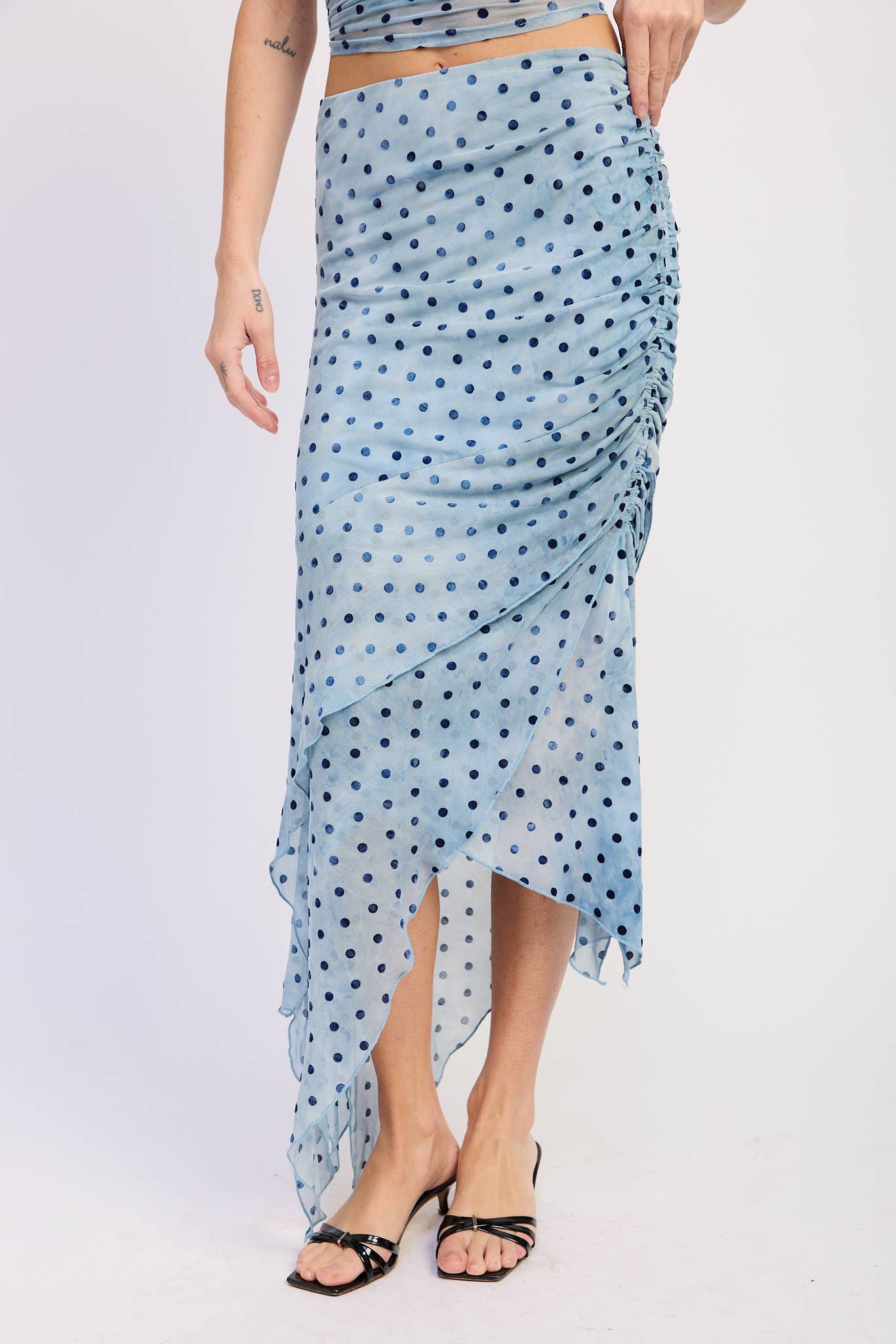 Asymmetrical Blue Dot Midi Skirt