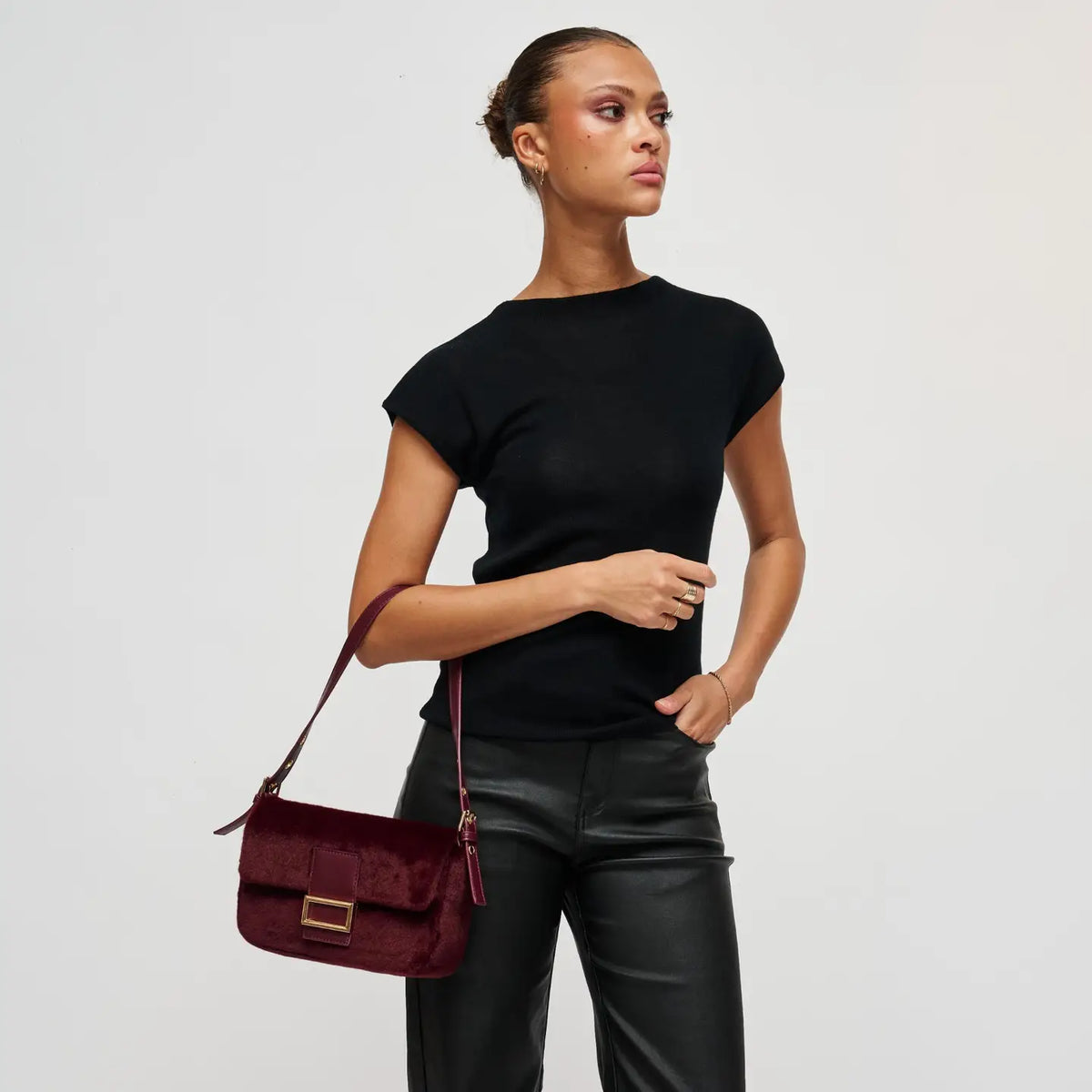 Beverly - Burgundy Faux Fur Shoulder Bag