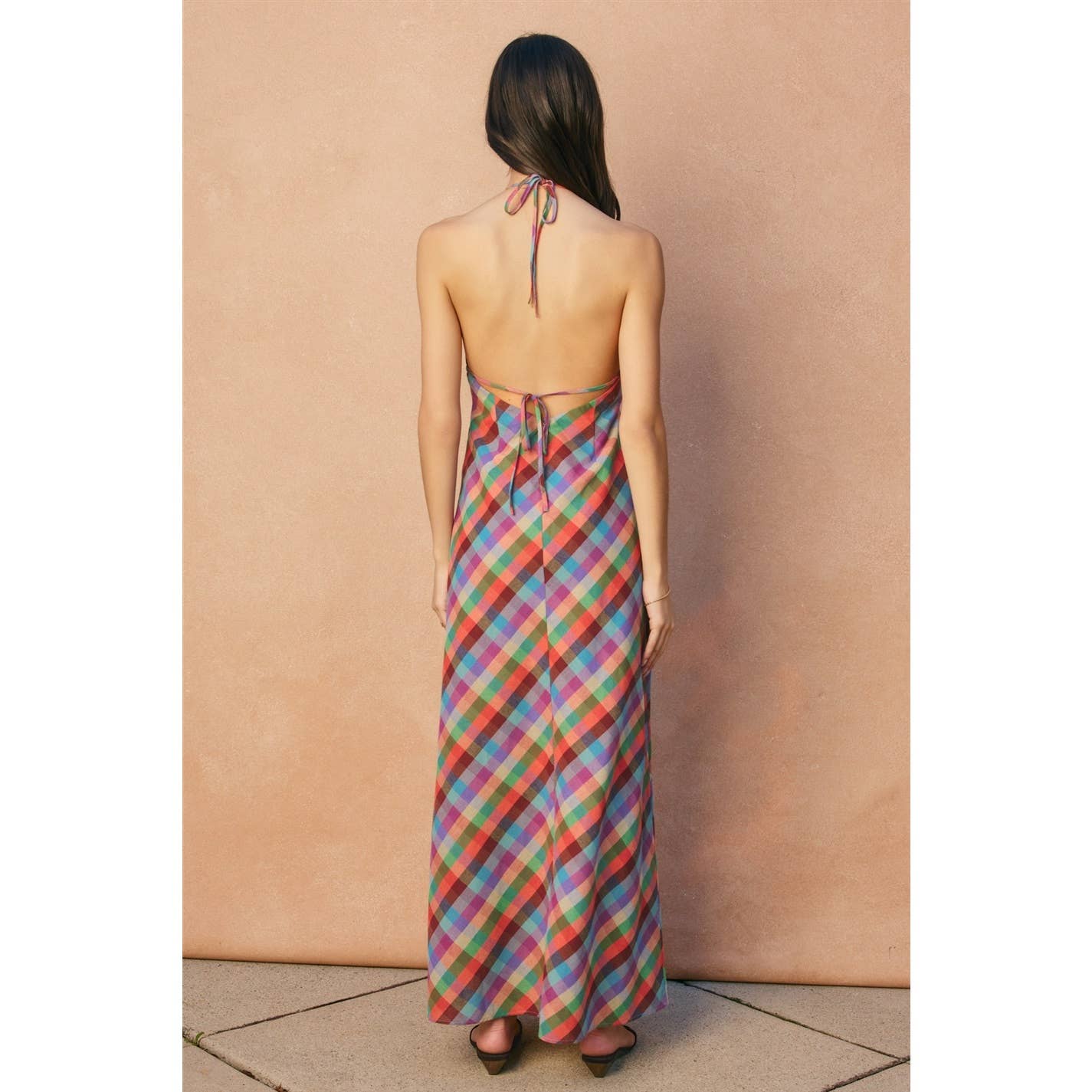 Colorful Gingham Halter Maxi Dress