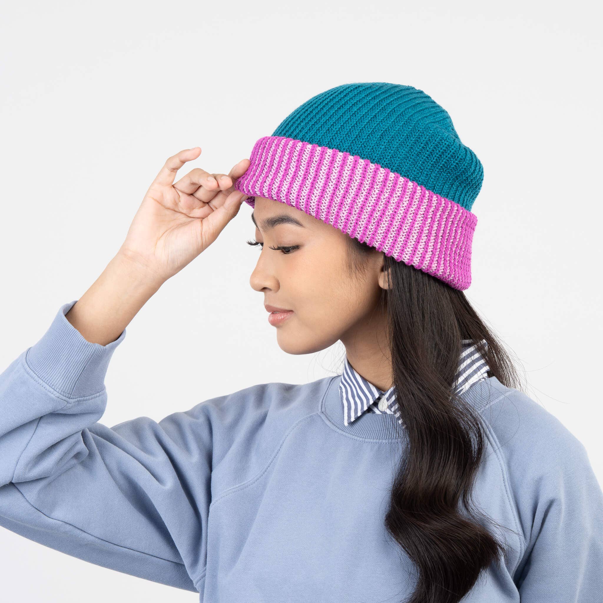 Stripe Cuff Plush Beanie: Teal Magenta