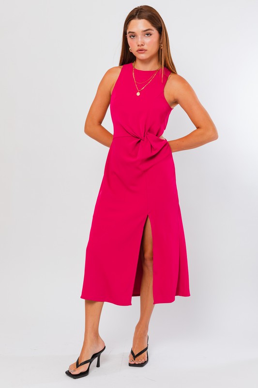 Twist Detail Magenta Midi Dress