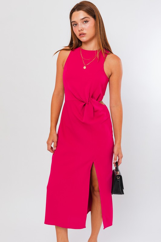 Twist Detail Magenta Midi Dress