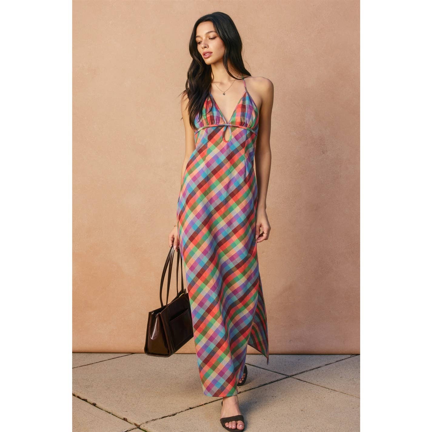 Colorful Gingham Halter Maxi Dress