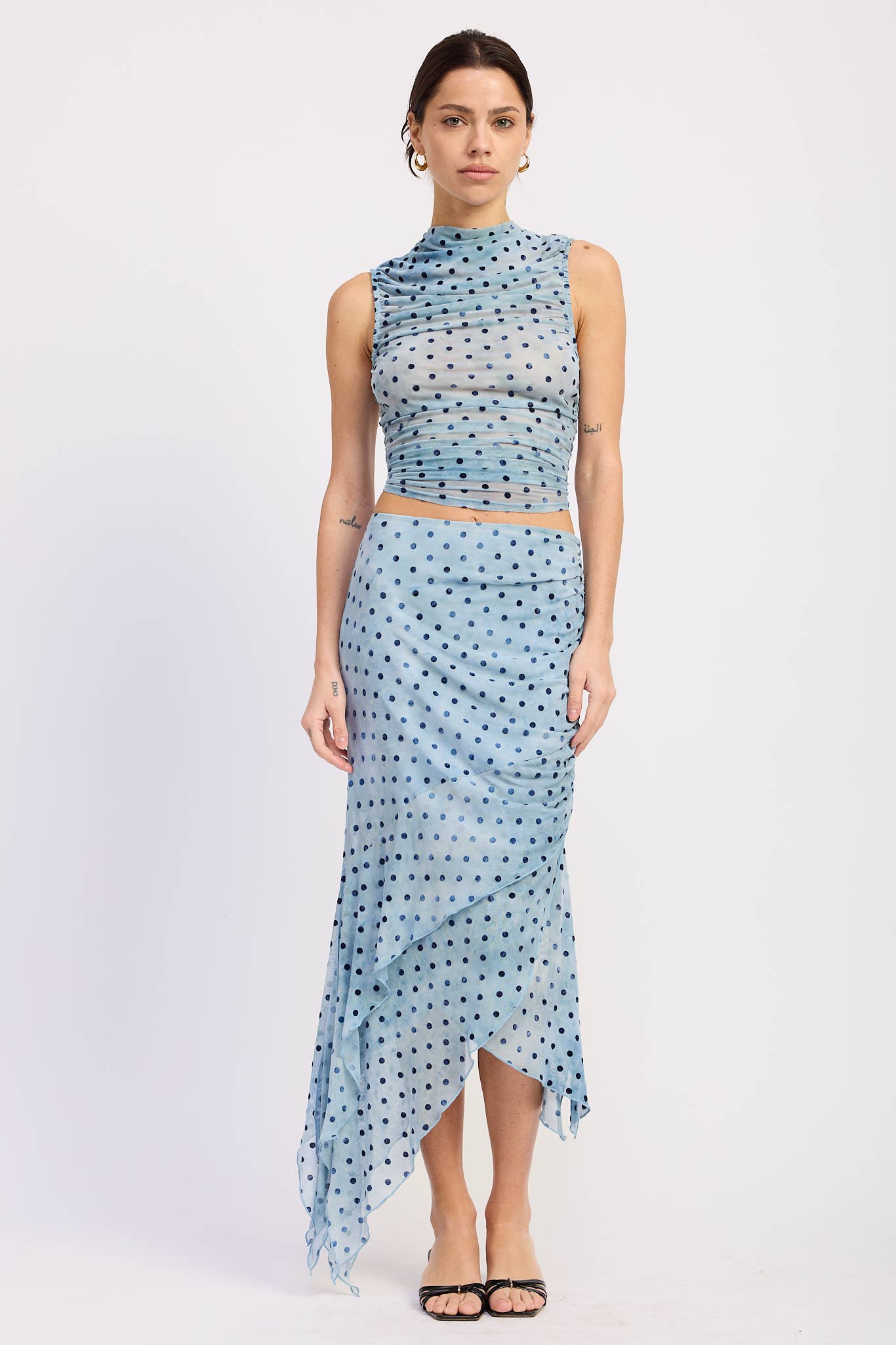 Mesh Blue Dot Shirred Top