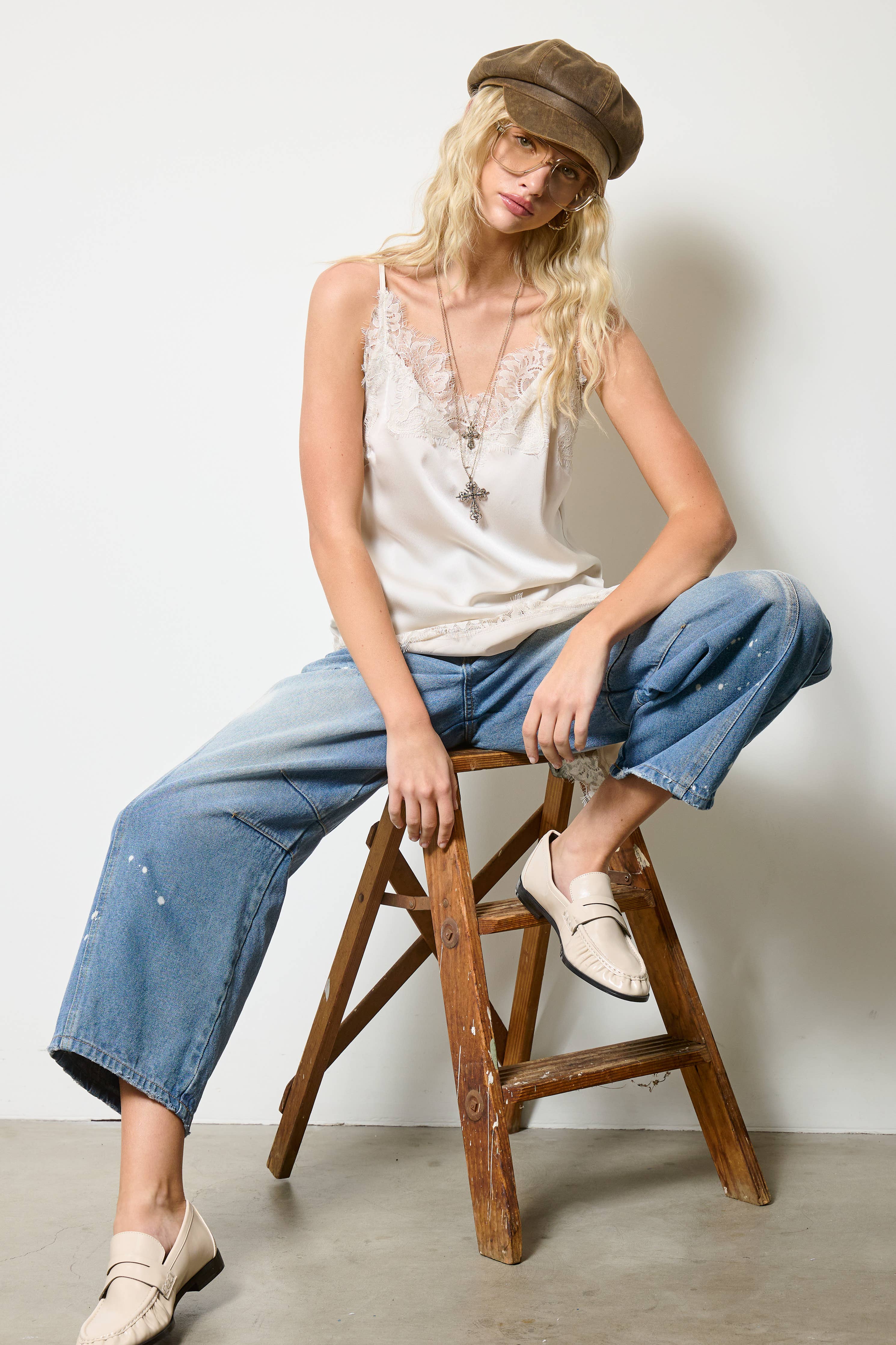 Lace Trim Satin Tunic Tank Top