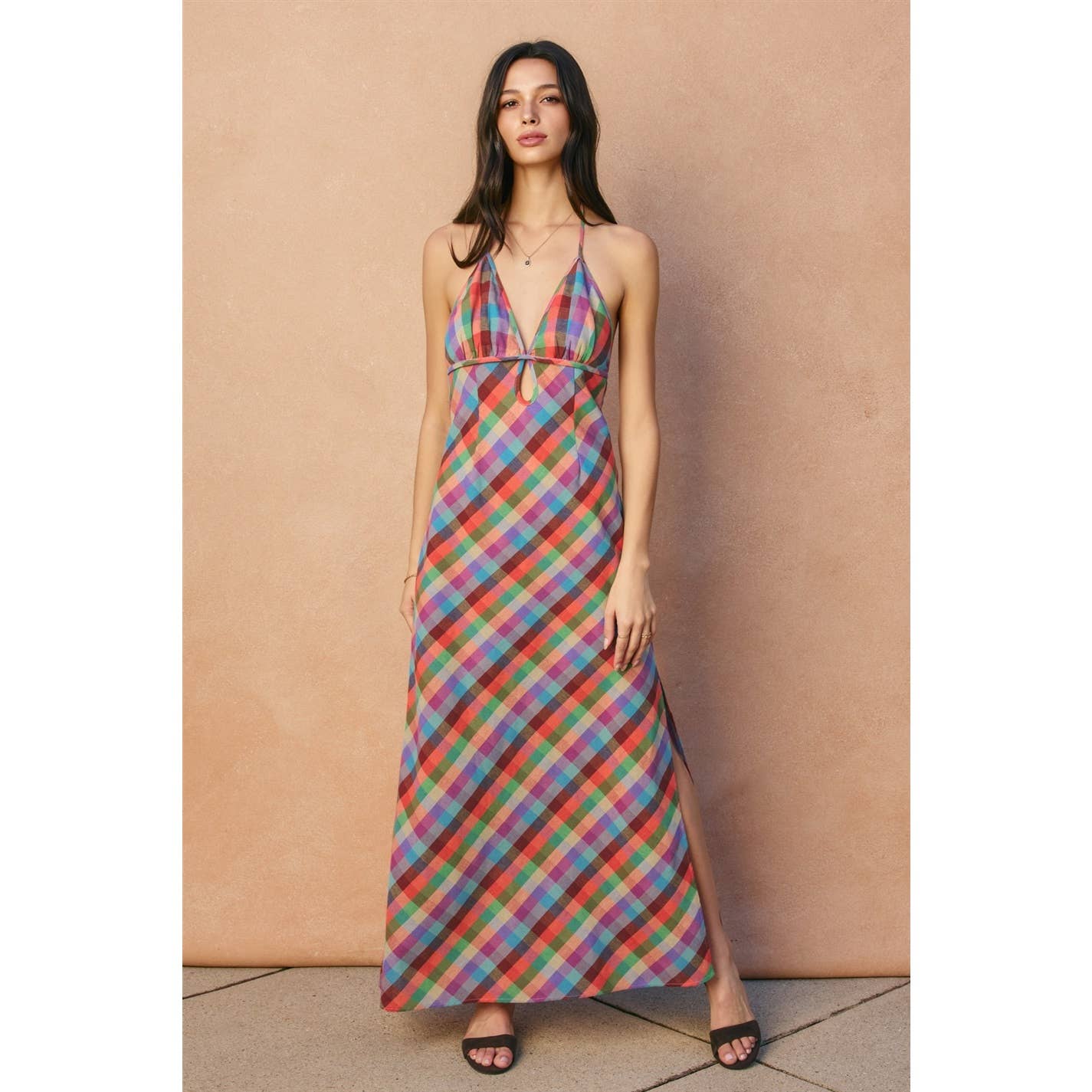 Colorful Gingham Halter Maxi Dress