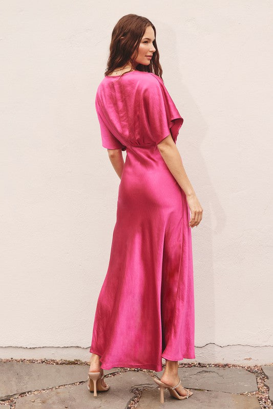 Satin Blouson Maxi Dress - Pink 