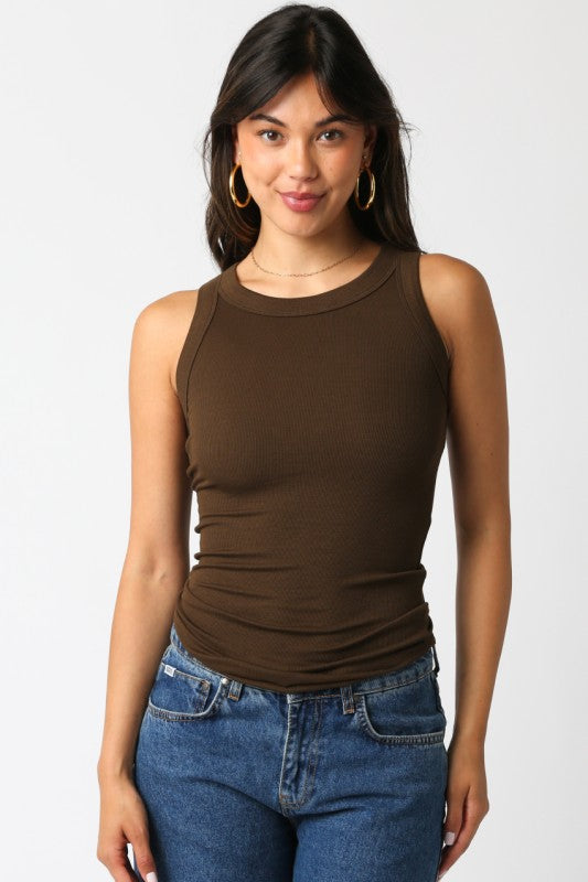 Coffee Ribbed Fitted Scoop Neck Tank Top
