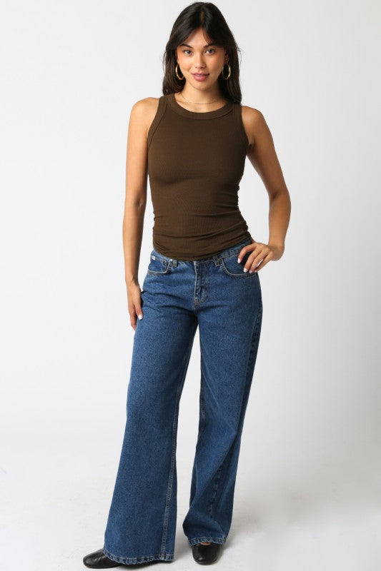 Coffee Ribbed Fitted Scoop Neck Tank Top