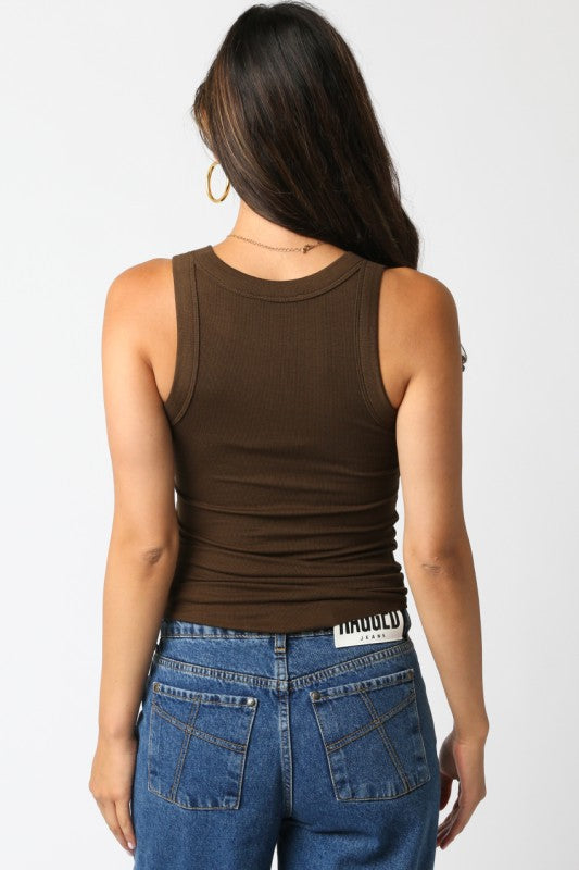 Coffee Ribbed Fitted Scoop Neck Tank Top