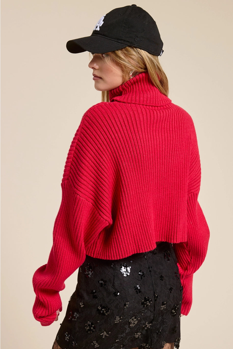 Cropped Ribbed Turtleneck Sweater - Red
