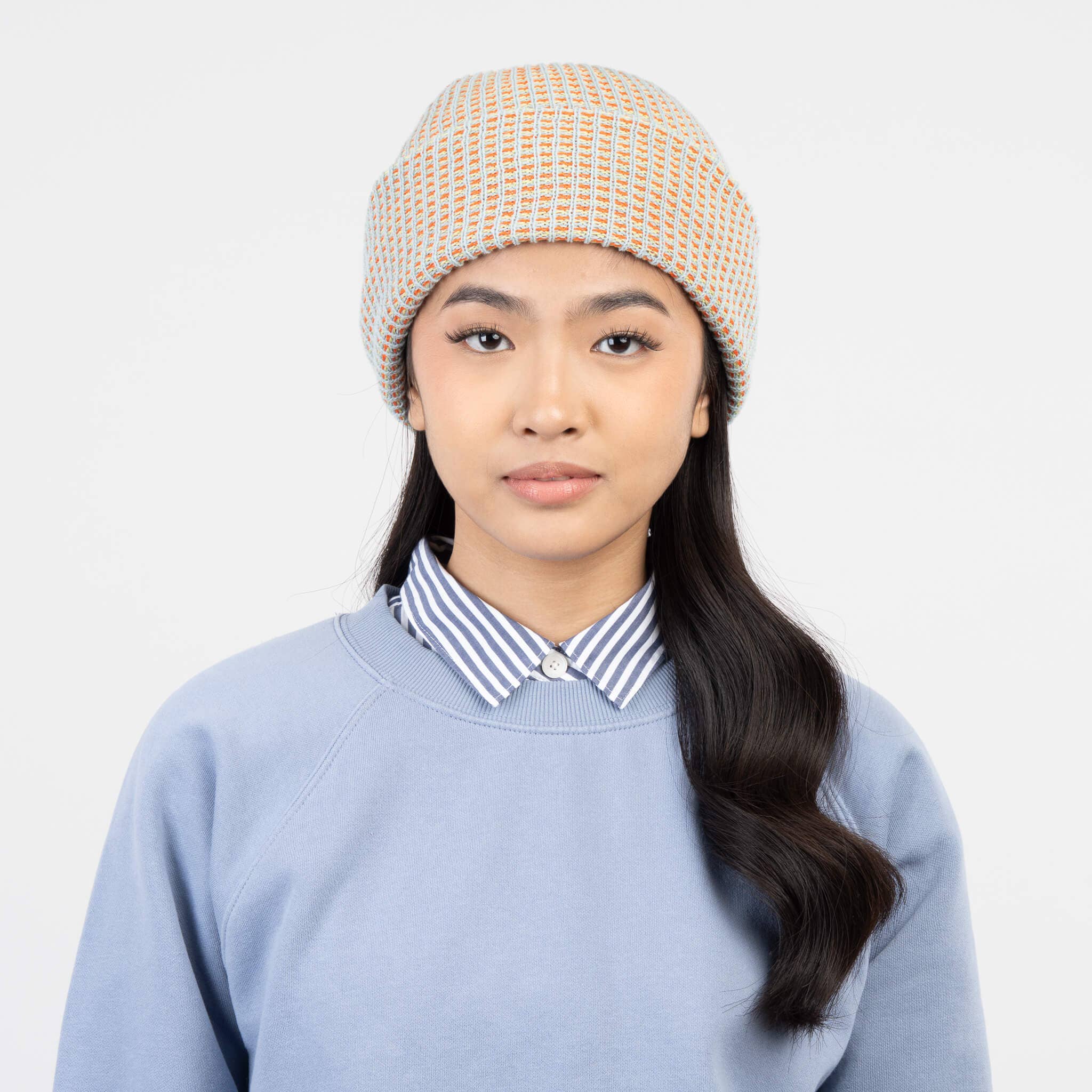 Simple Grid Knit Beanie: Stone Blue