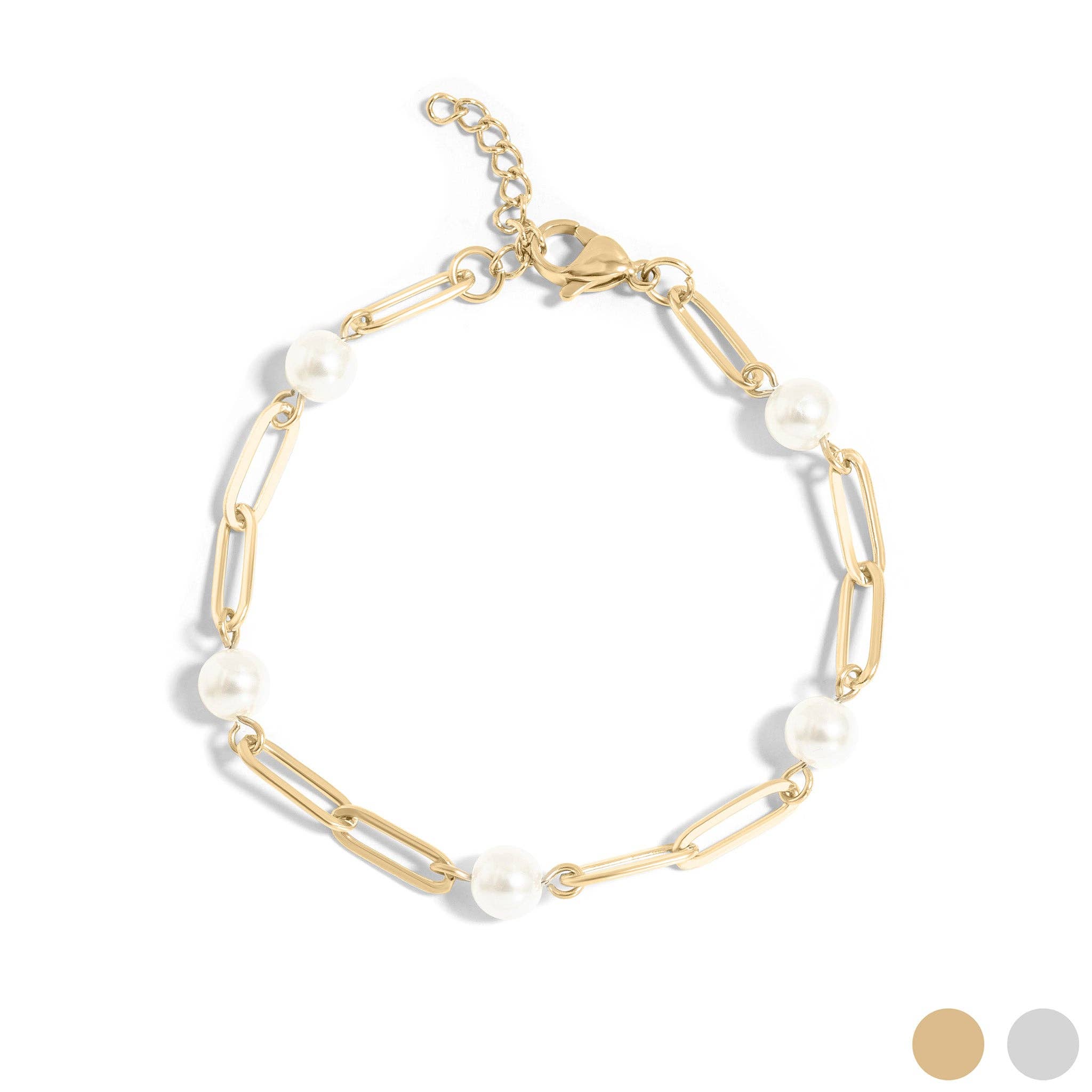 18K Gold Plated Pearl Paperclip Chain Bracelet