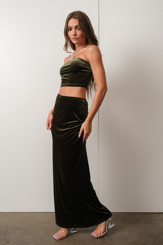 Velvet Maxi Skirt - Olive