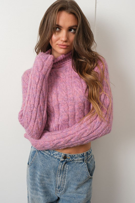 Pink Cropped Cable Knit Sweater