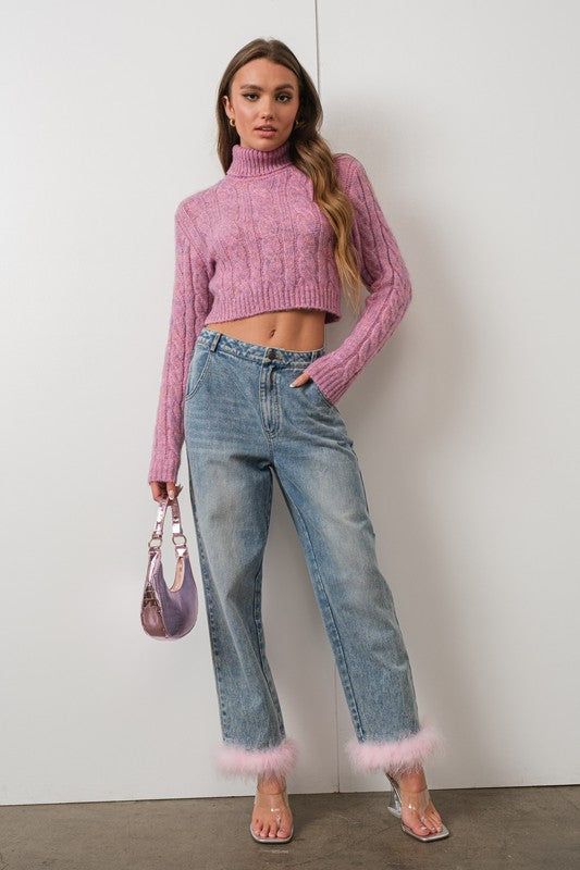 Pink Cropped Cable Knit Sweater