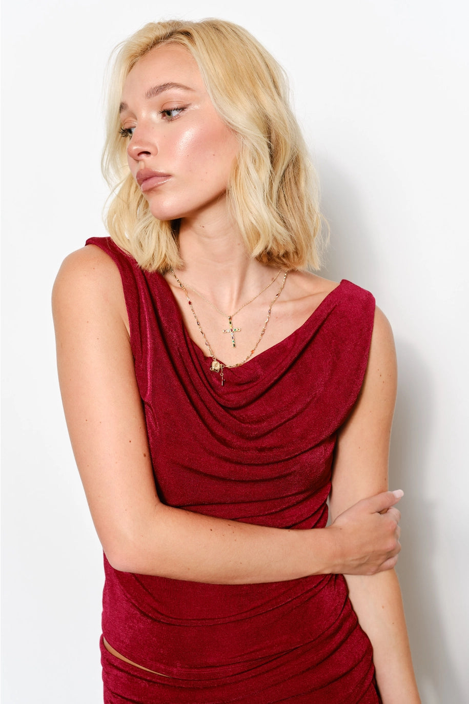 Vivienne Cowl Neck Top - Burgundy