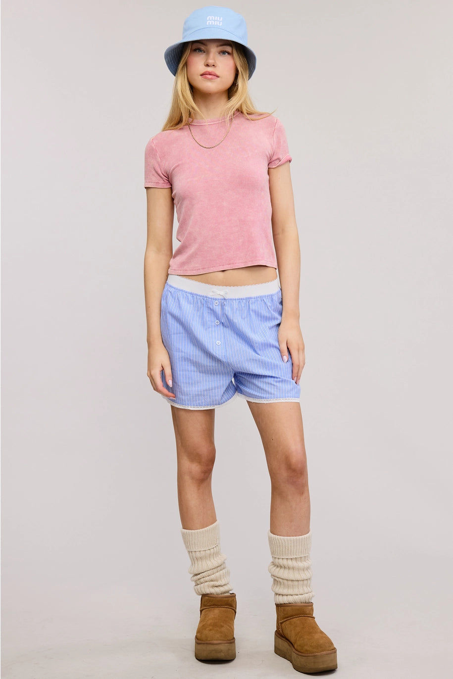 Acid Wash Ribbed Fitted Tee - Mauve