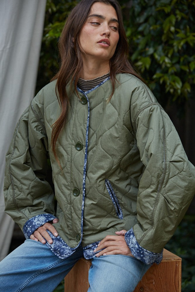 Paisley Trim Quilted Bomber Jacket