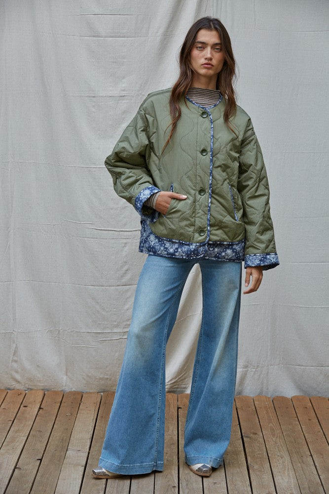 Paisley Trim Quilted Bomber Jacket