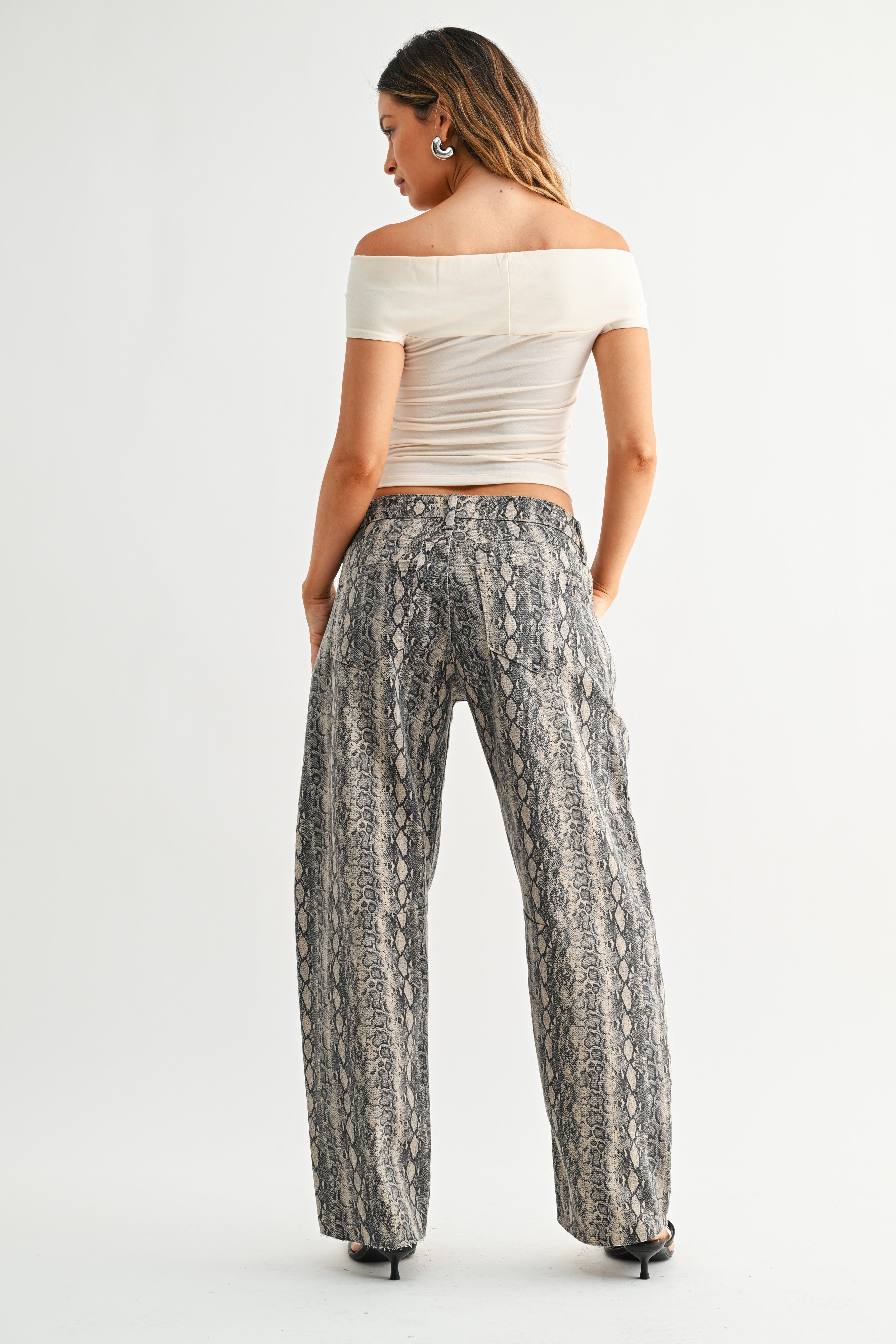 Mid Rise Barrel Jeans - Snake Print
