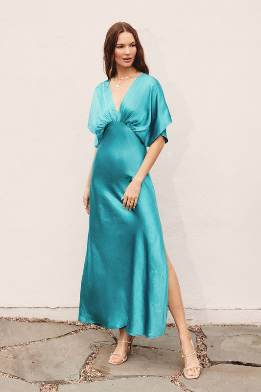 Satin Blouson Maxi Dress - Lake Blue