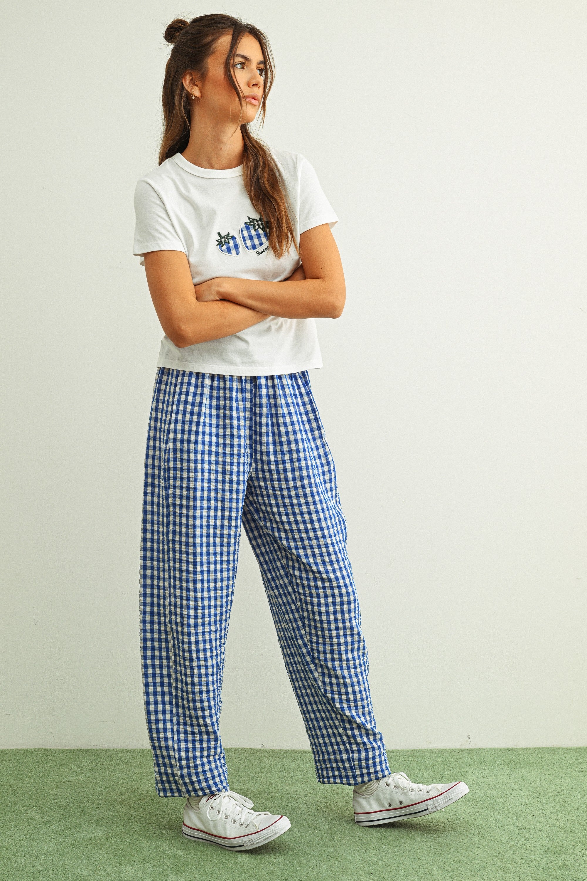 Blue Gingham Pattern Pants