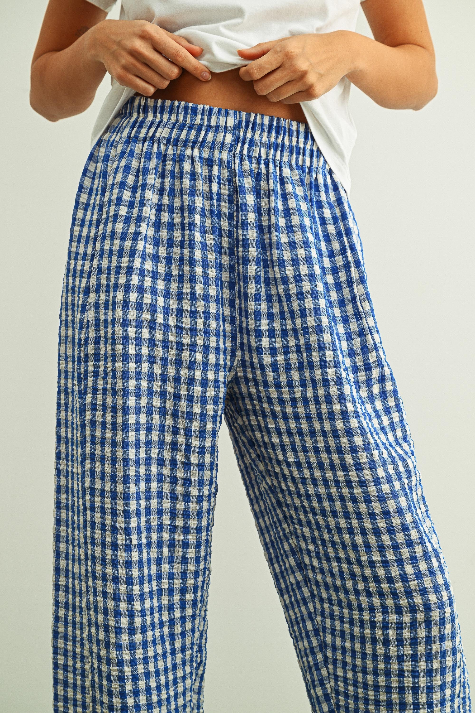 Blue Gingham Pattern Pants