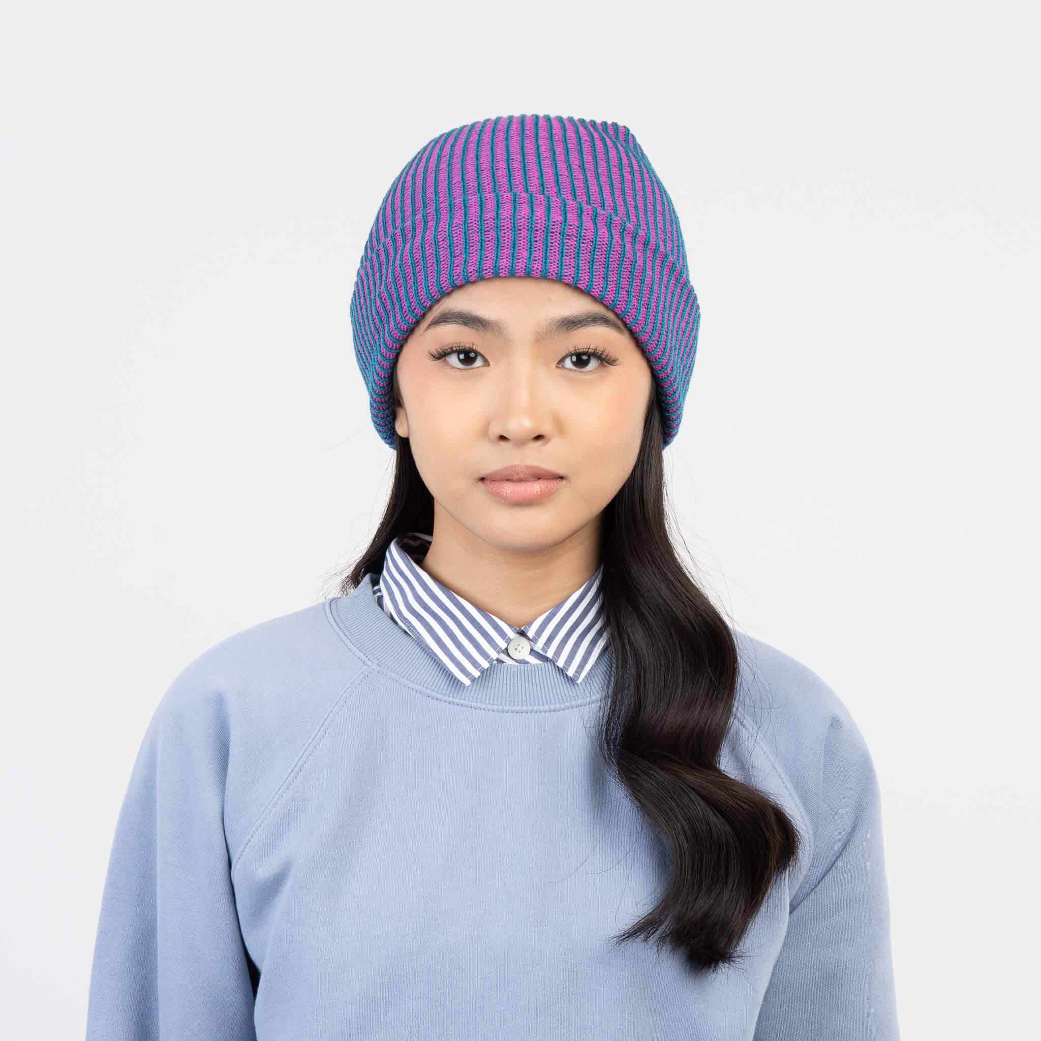 Simple Rib Knit Beanie: Teal Magenta