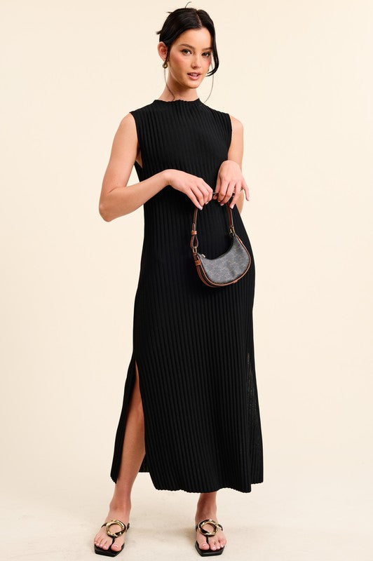 Black Woven Ribbed Midi Dress