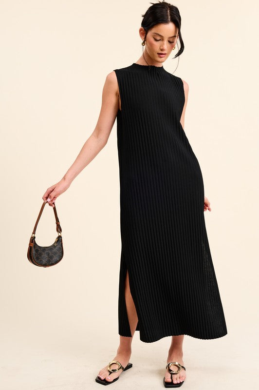 Black Woven Ribbed Midi Dress