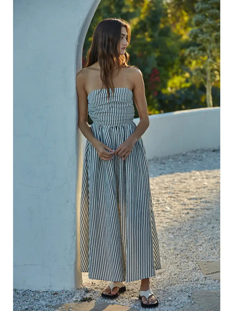 White & Black Striped Strapless Dress