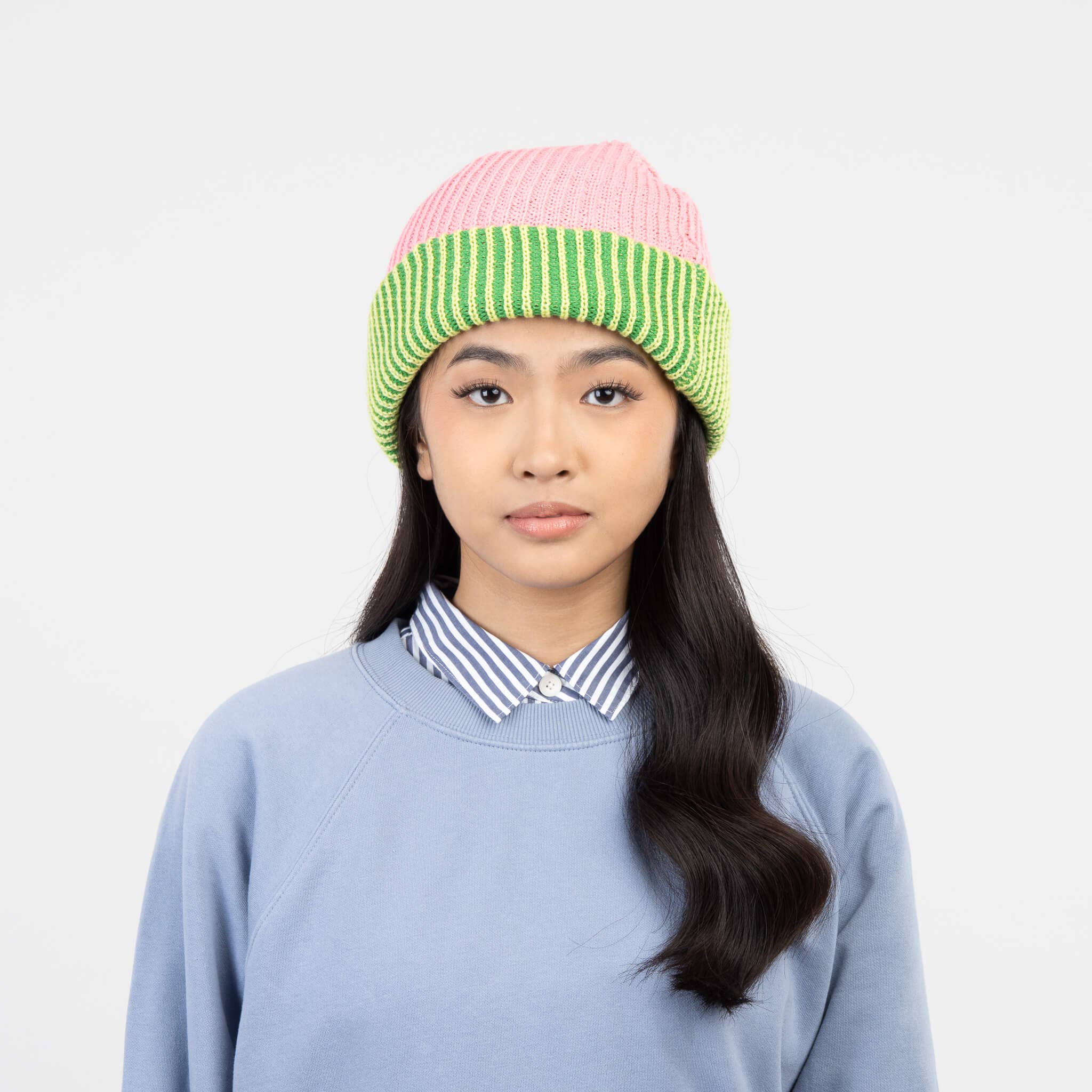 Stripe Cuff Plush Beanie: Pink Lime