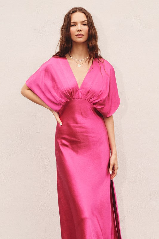 Satin Blouson Maxi Dress - Pink 