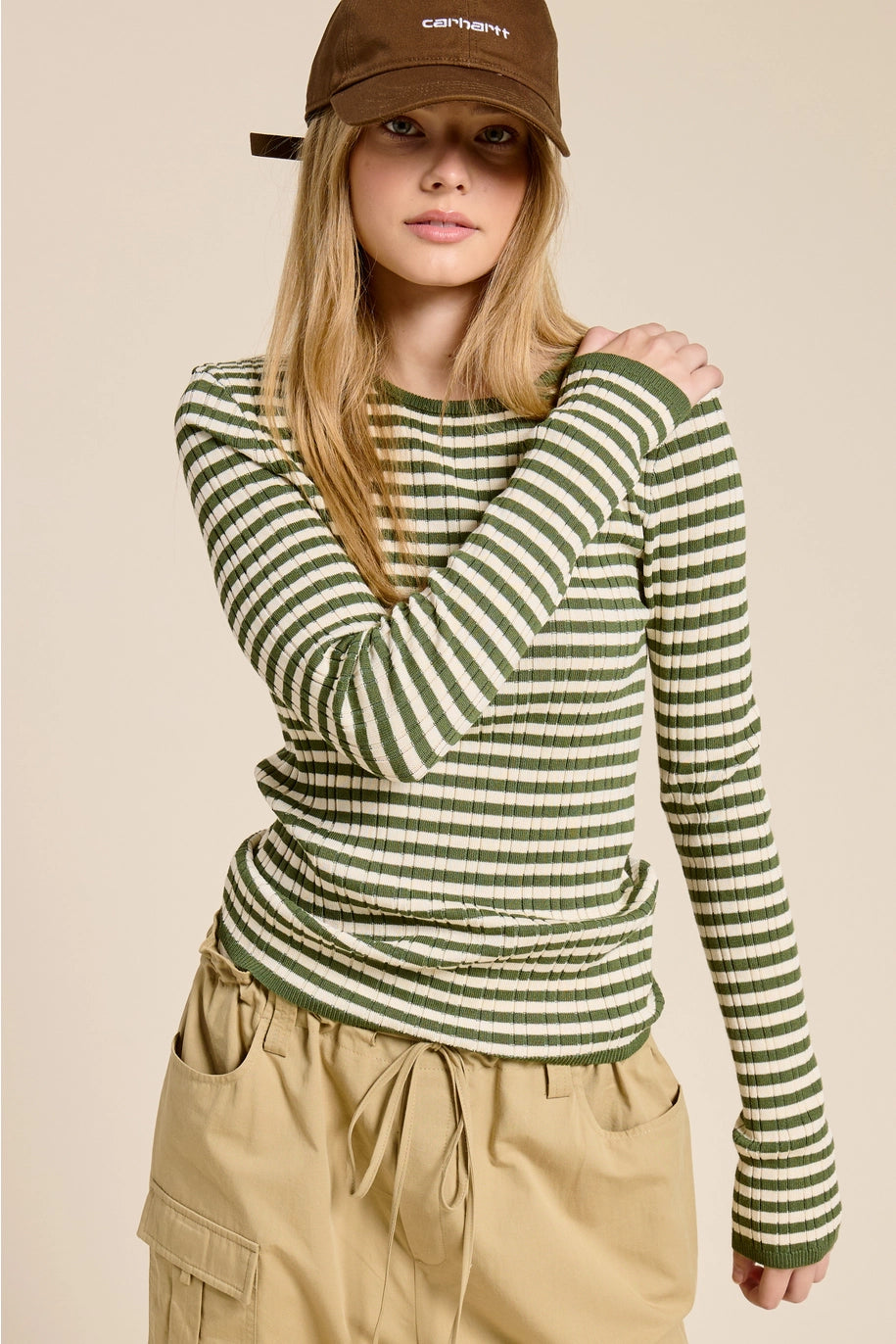Ribbed Knit Striped Long Sleeve Top