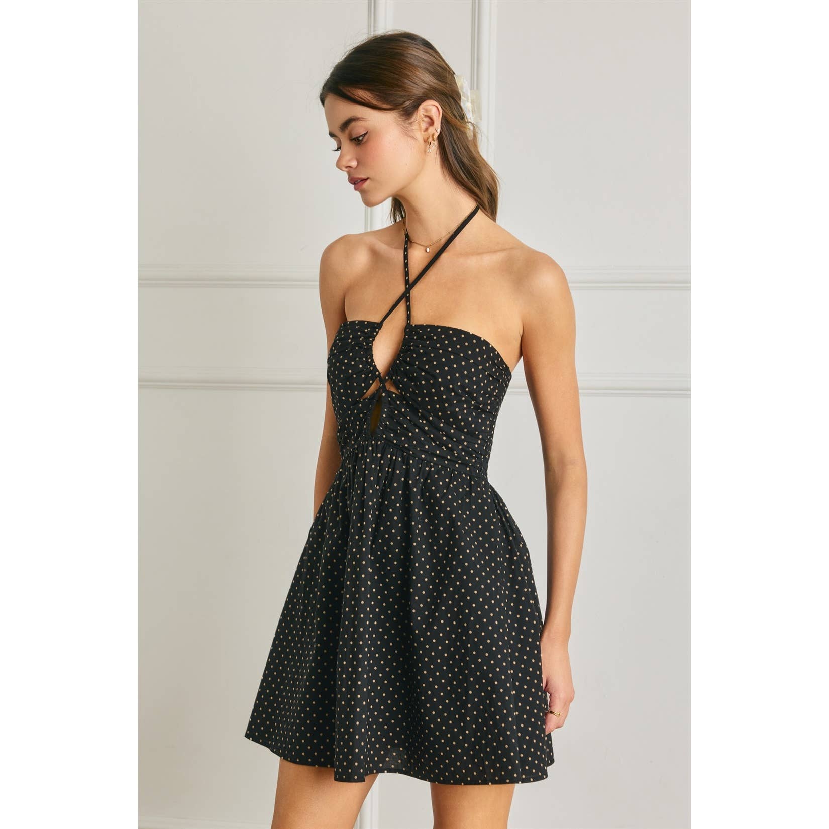 Pin Dot Ruched Halter Mini Dress