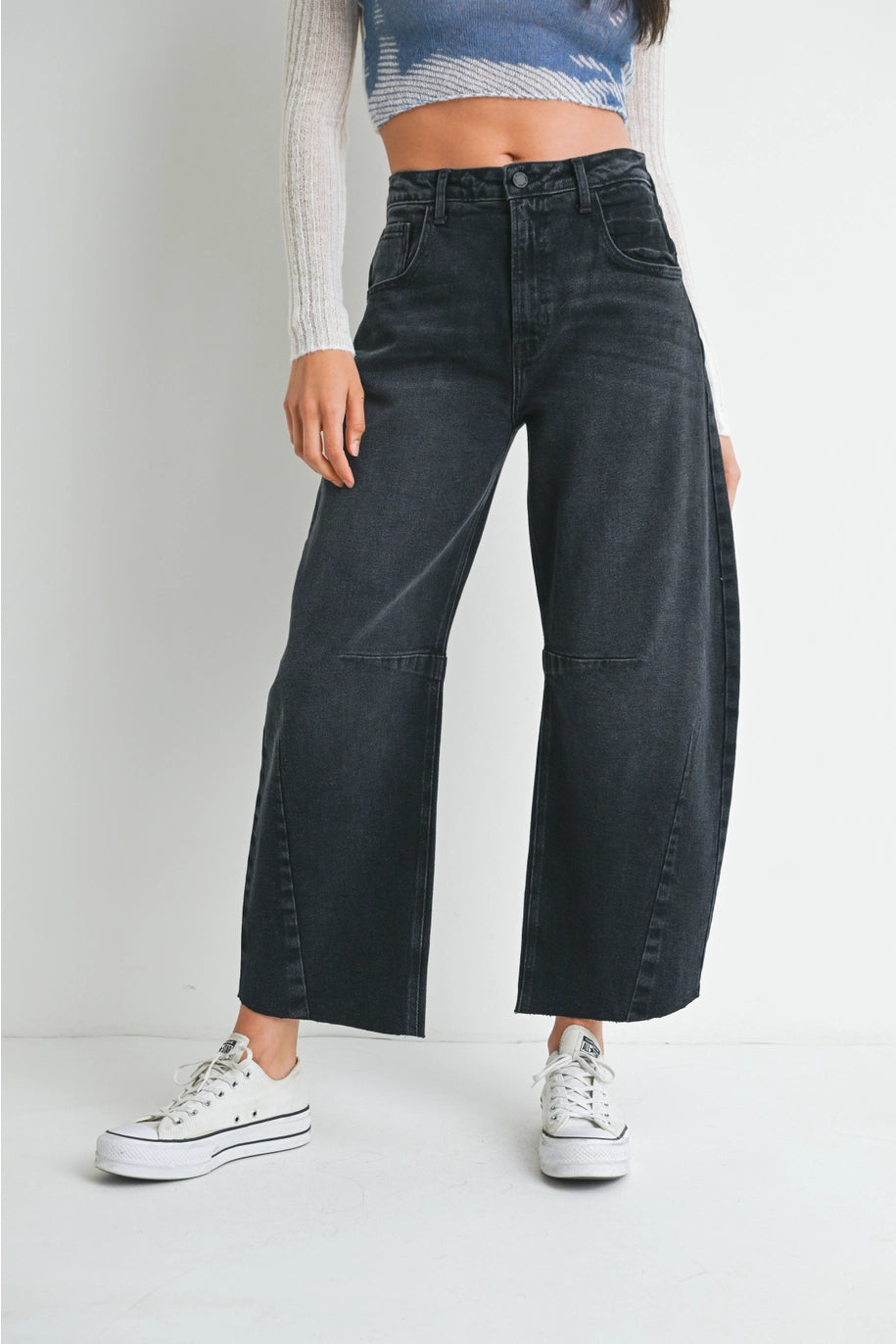 Washed Black Barrel Jeans With Seams