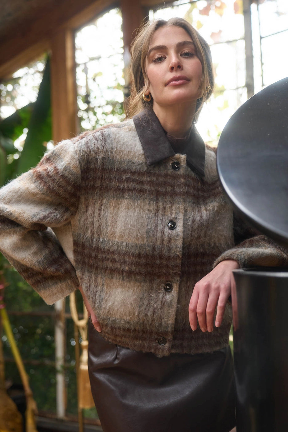 Brushed Plaid Jacket With Contrast Collar