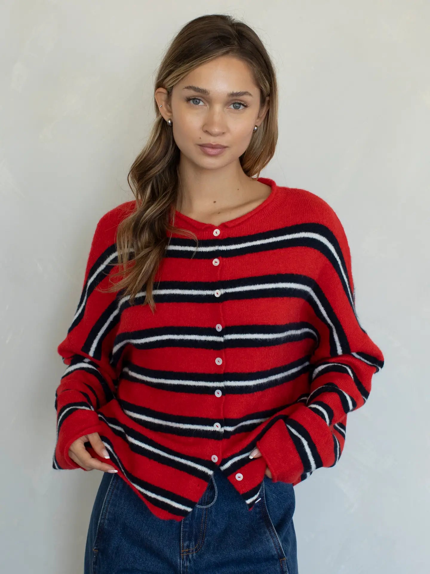 Varsity Stripe Piper Cardigan - Red