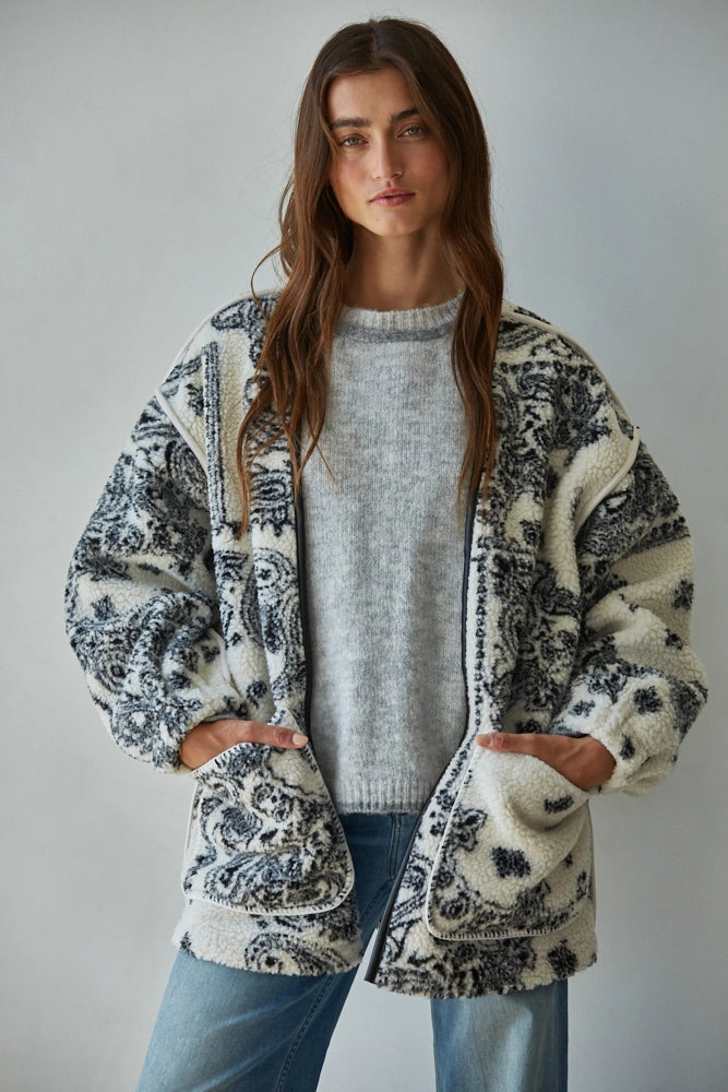 Fleece Sherpa Paisley Print Jacket