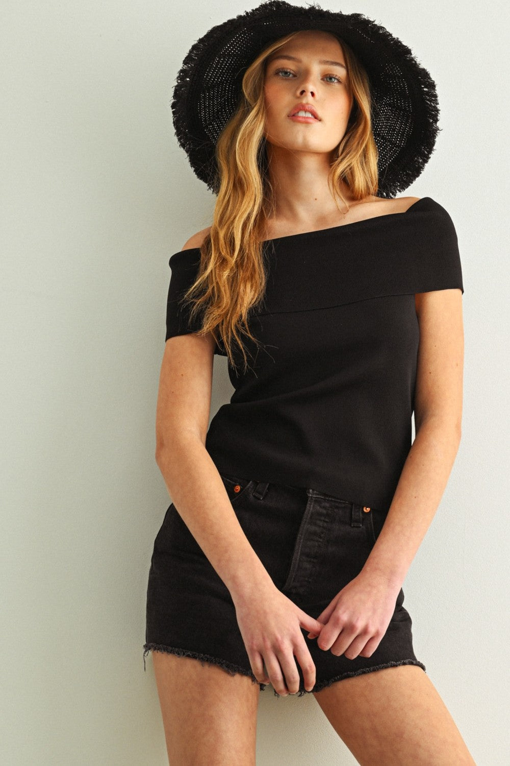 Off Shoulder Ribbed Knitted Top - Black