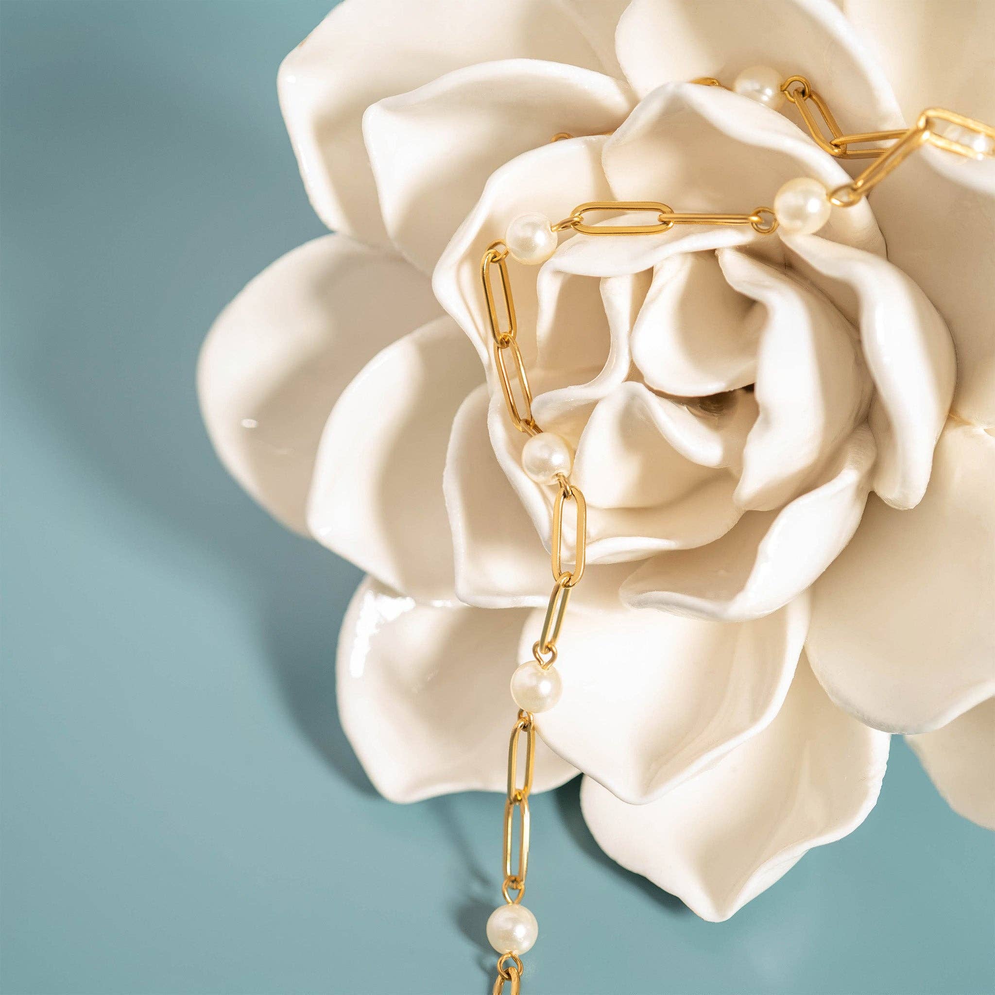 18K Gold Plated Pearl Paperclip Chain Bracelet