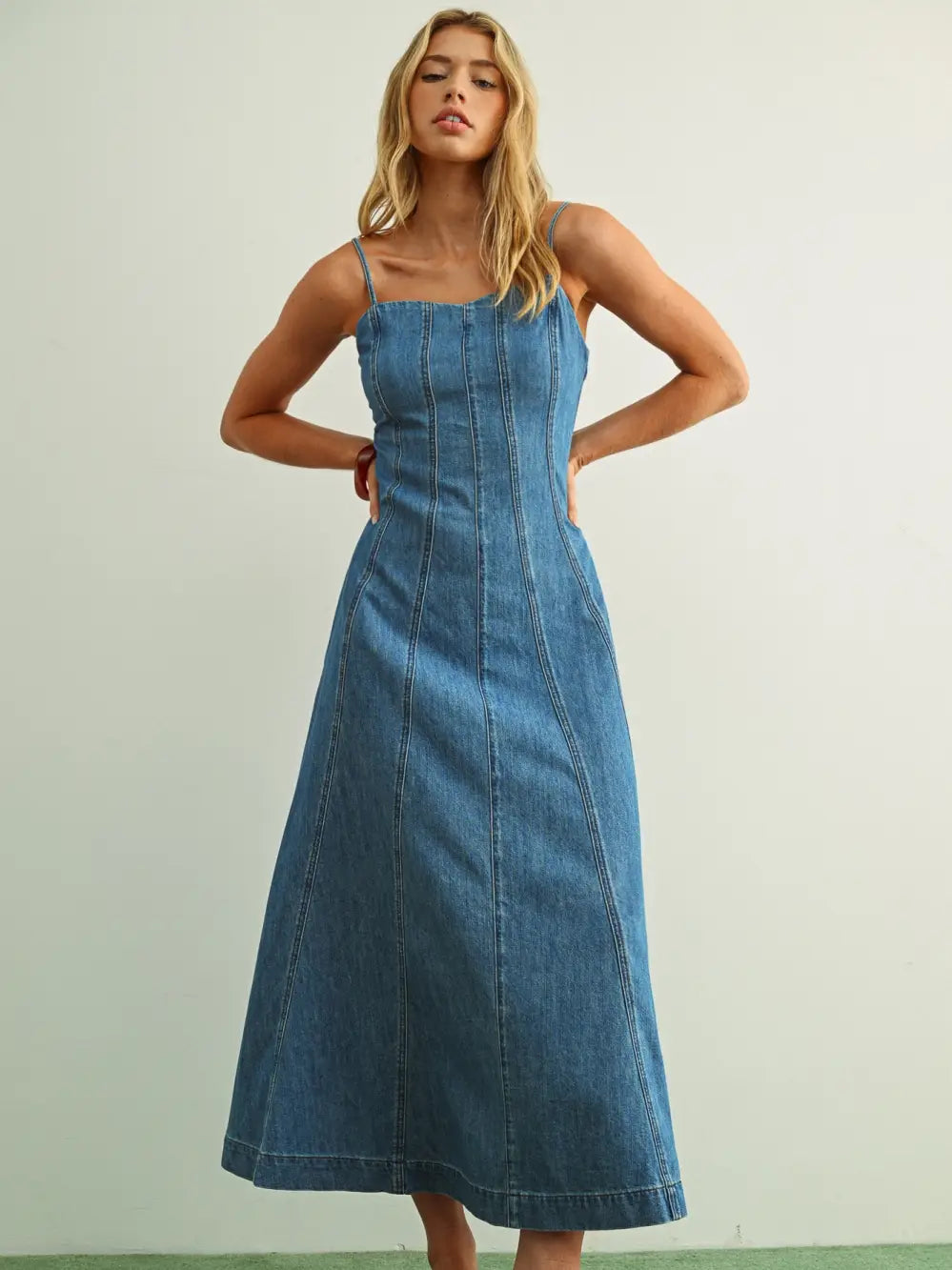 Paneled Denim Maxi Dress