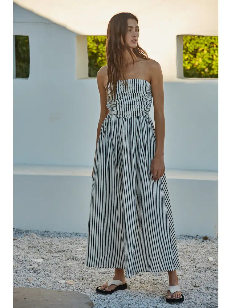 White & Black Striped Strapless Dress