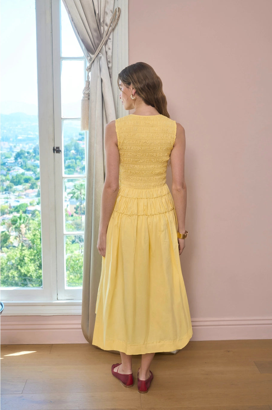 Smocked Shirred Waist Midi Dress