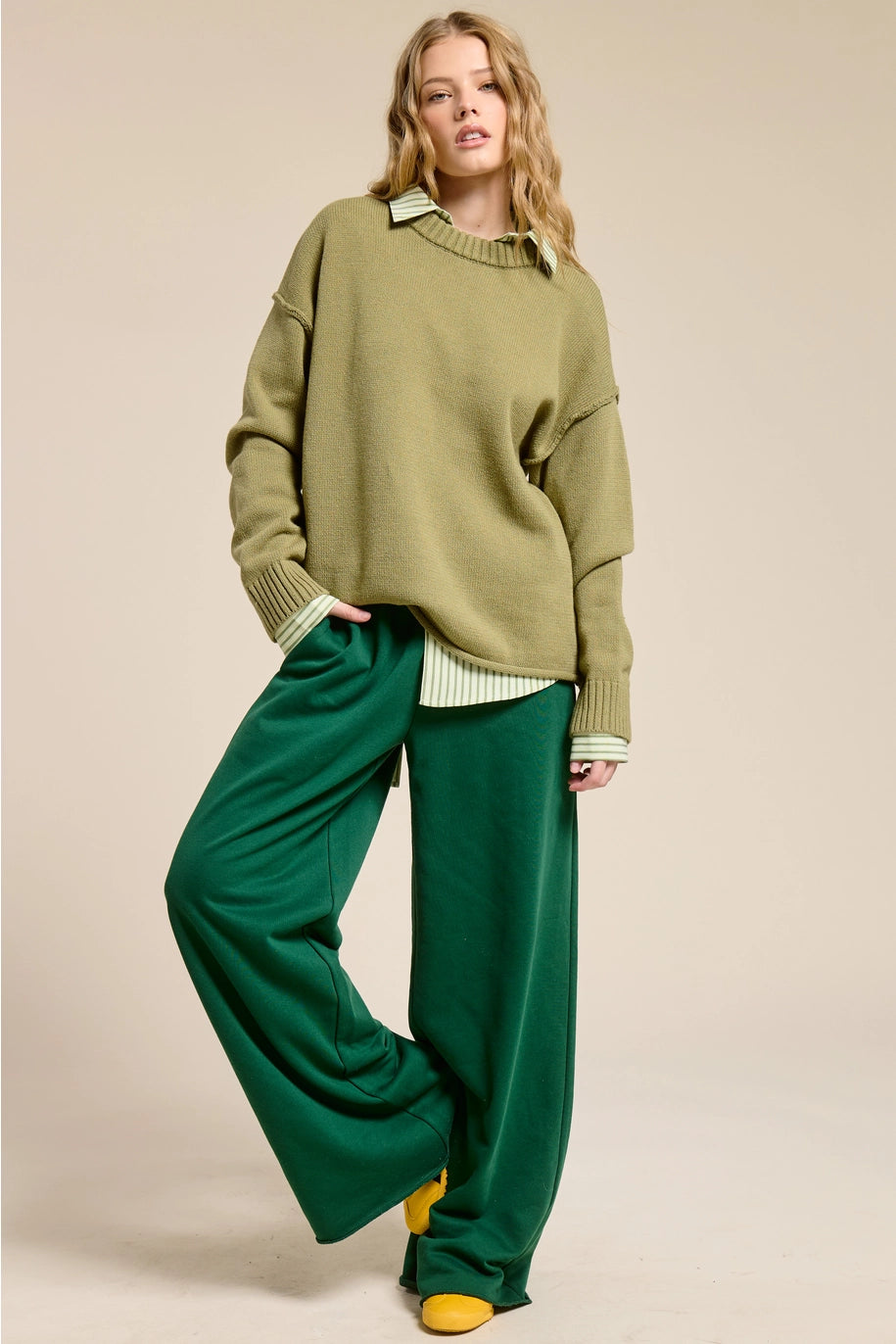 Wide Leg Cotton Jogger Sweatpants - Green
