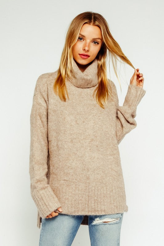 Fuzzy Turtleneck Oversized Sweater - Oatmeal