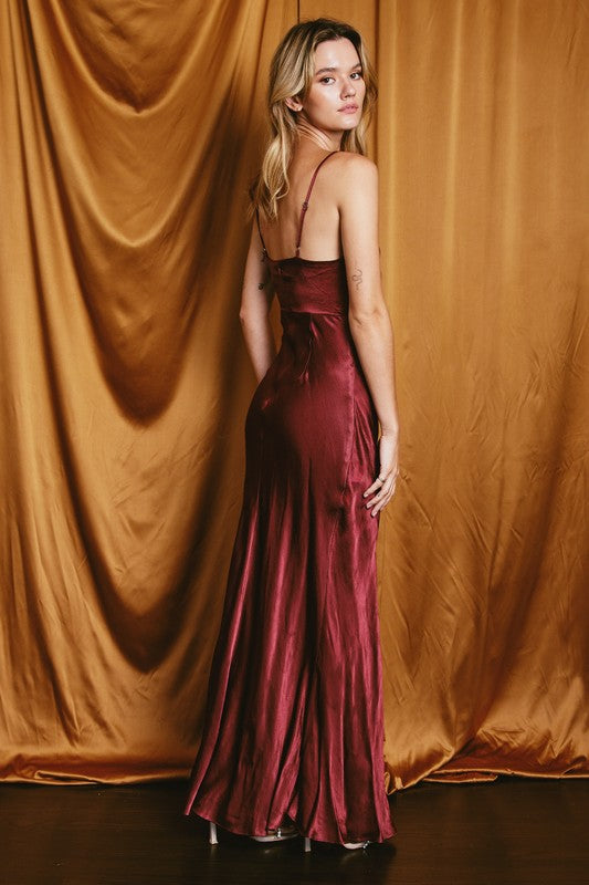 Ruched Satin Maxi With Slit