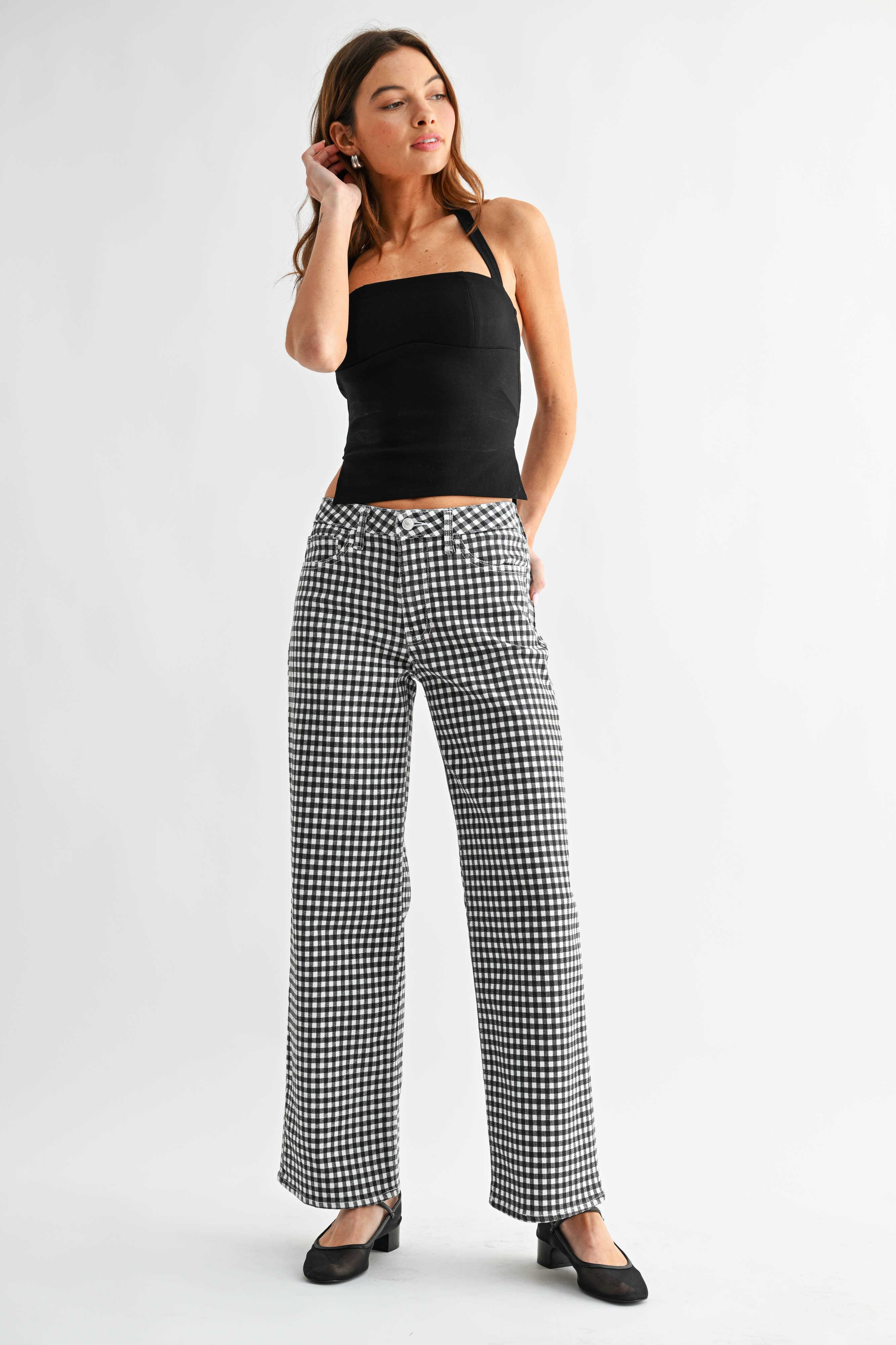 Mid Rise Straight Jean - B/W Gingham
