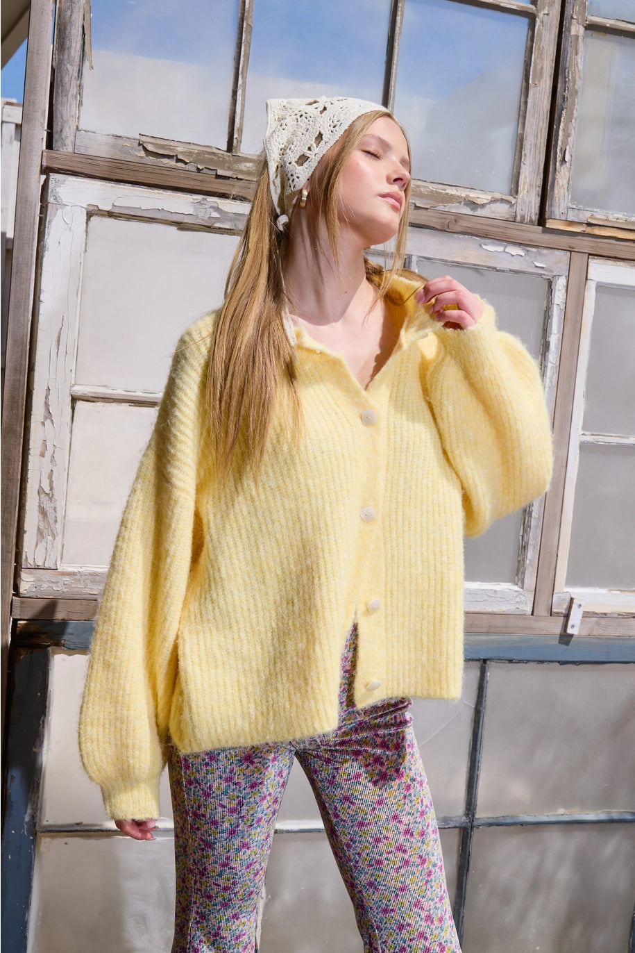Balloon Sleeve Knit Cardigan - Butter